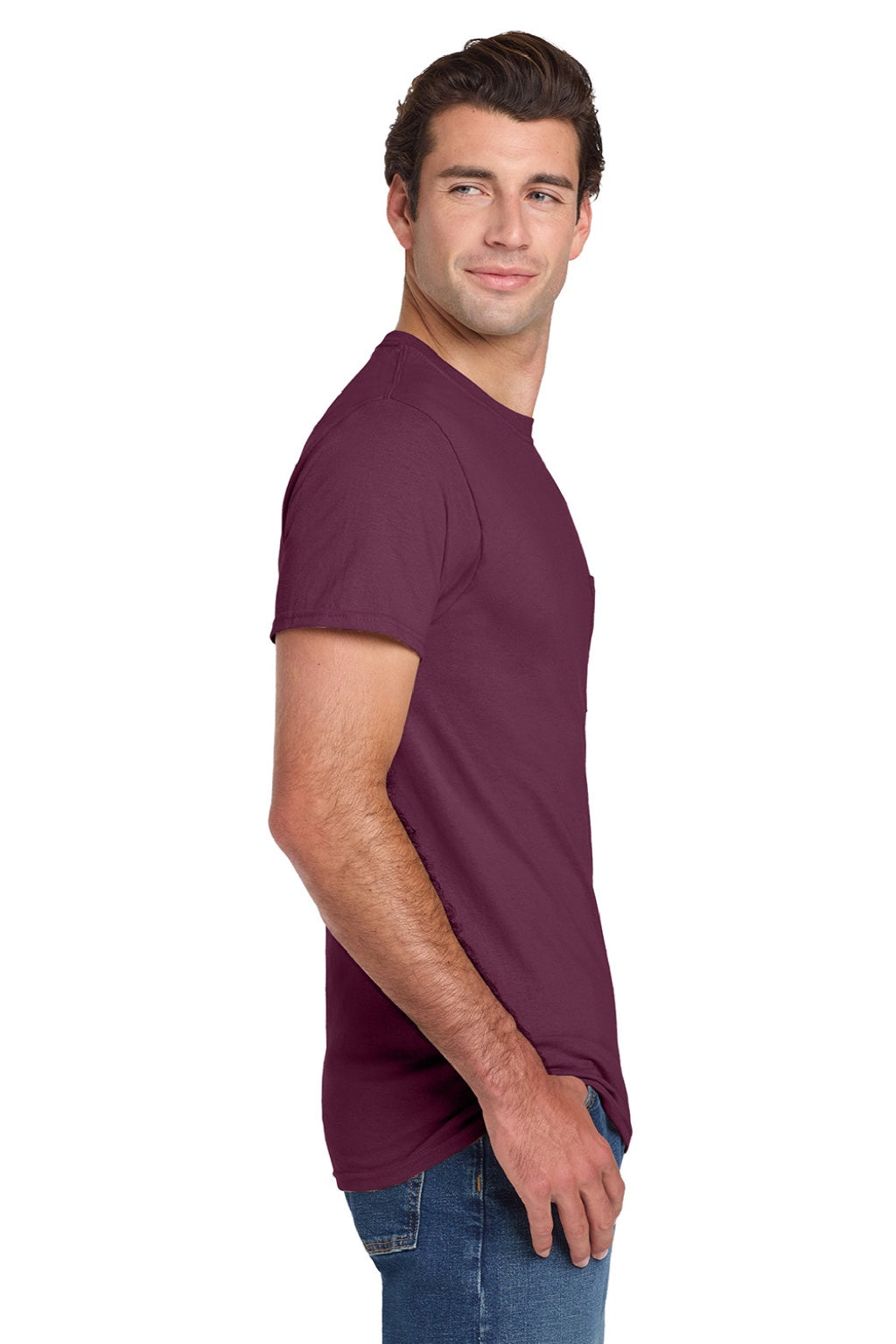 Jerzees 29MP/29MPR Mens Dri-Power Moisture Wicking Short Sleeve Crewneck T-Shirt w/ Pocket Maroon Model Side