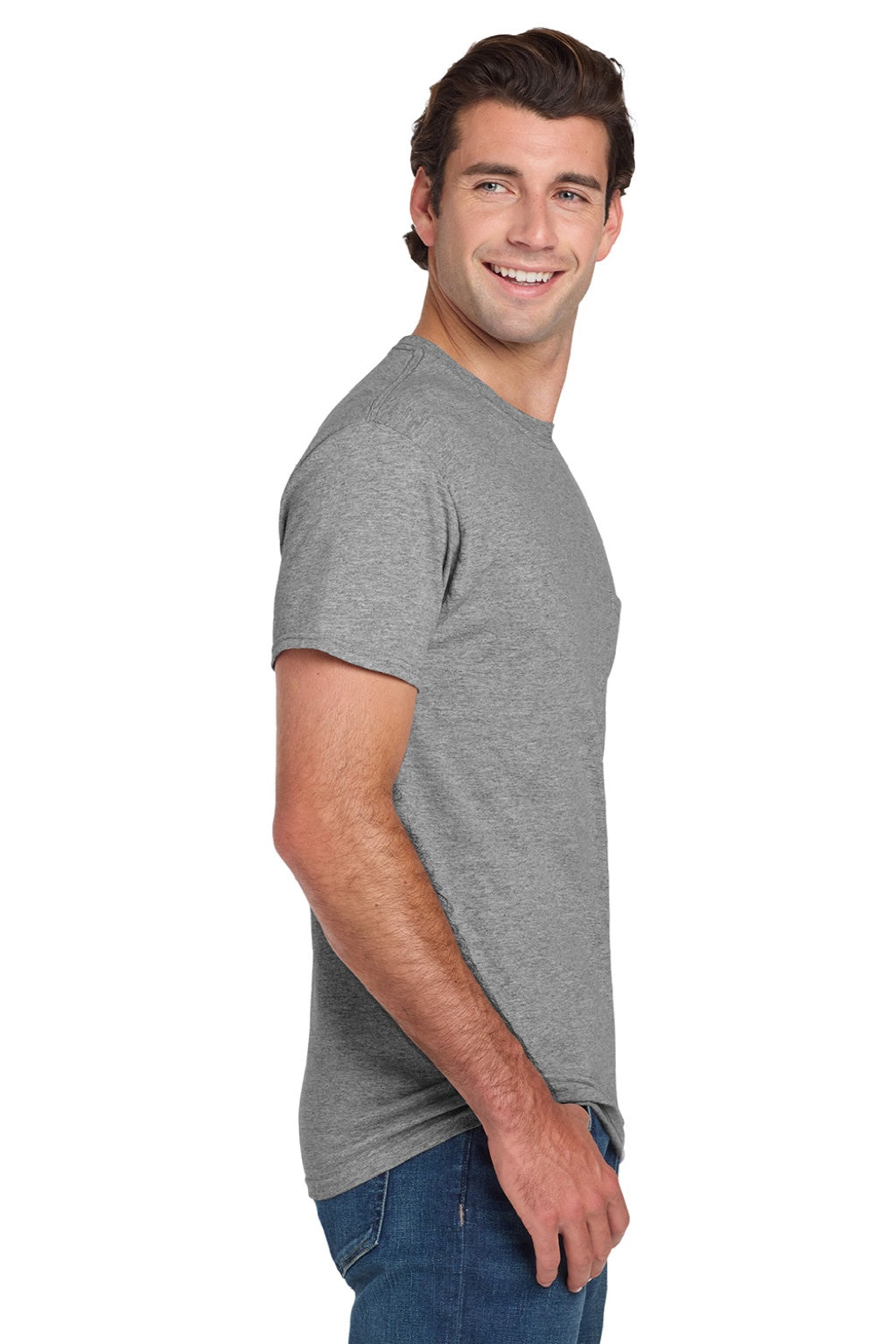 Jerzees 29MP/29MPR Mens Dri-Power Moisture Wicking Short Sleeve Crewneck T-Shirt w/ Pocket Oxford Grey Model Side