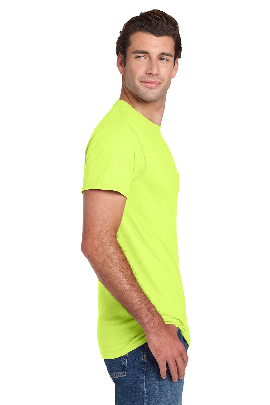 Jerzees 29MP/29MPR Mens Dri-Power Moisture Wicking Short Sleeve Crewneck T-Shirt w/ Pocket Safety Green Model Side