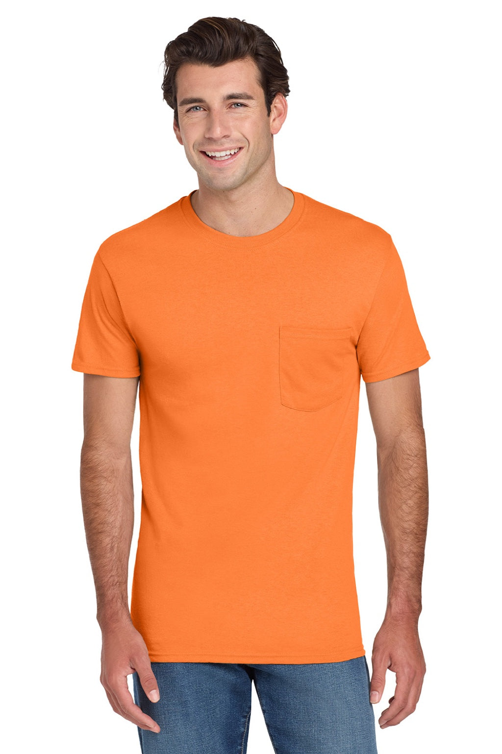 Jerzees 29MP/29MPR Mens Dri-Power Moisture Wicking Short Sleeve Crewneck T-Shirt w/ Pocket Safety Orange Model Front