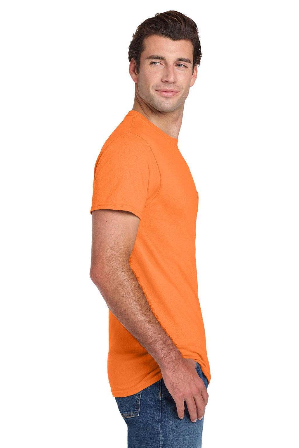 Jerzees 29MP/29MPR Mens Dri-Power Moisture Wicking Short Sleeve Crewneck T-Shirt w/ Pocket Safety Orange Model Side