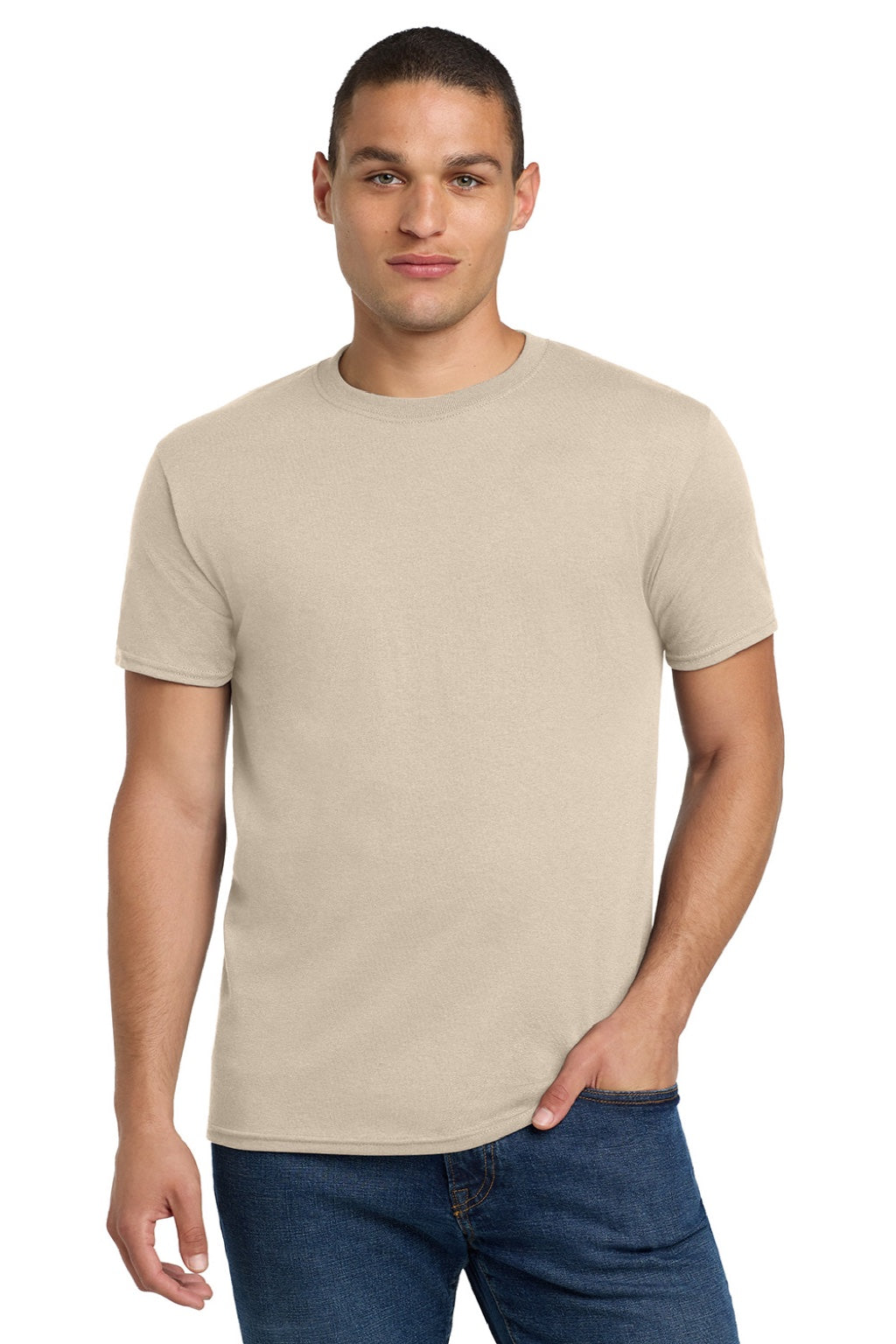 Jerzees 29M/29MR/29MT Mens Dri-Power Moisture Wicking Short Sleeve Crewneck T-Shirt Sandstone Brown Model Front