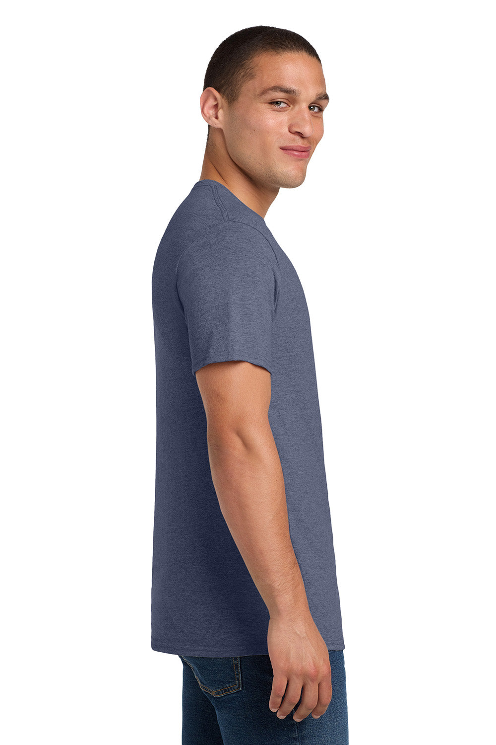 Jerzees 29M/29MR/29MT Mens Dri-Power Moisture Wicking Short Sleeve Crewneck T-Shirt Vintage Heather Navy Blue Model Side