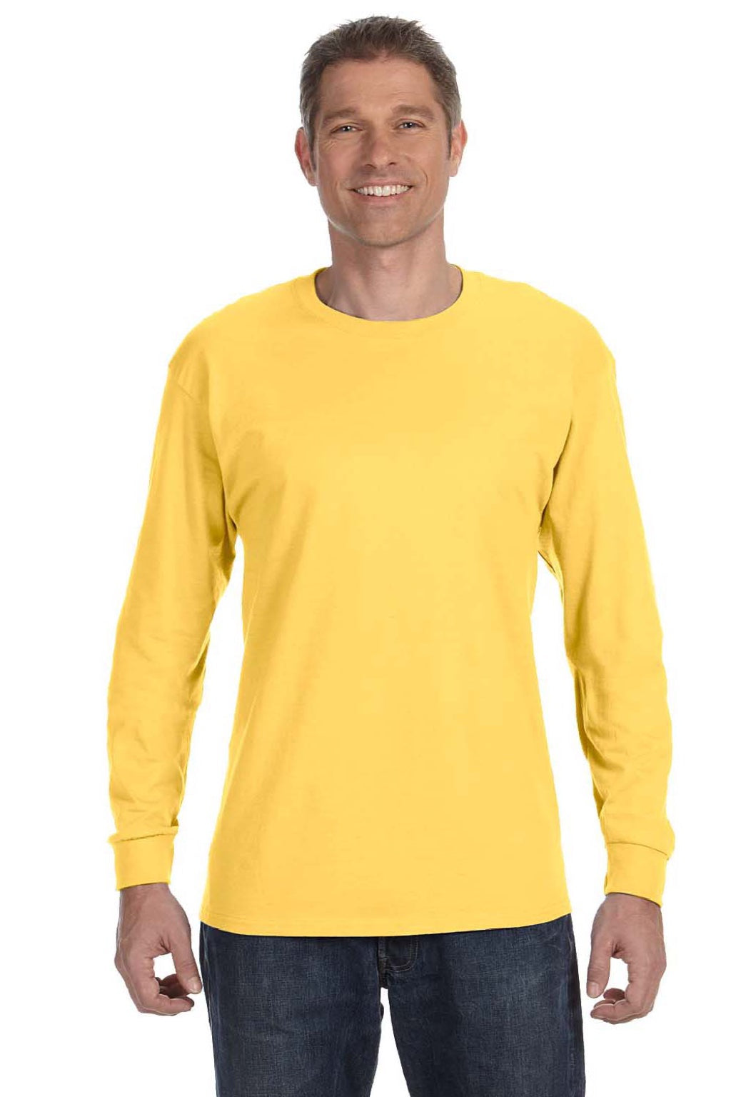 Jerzees 29LS/29LSR Mens Dri-Power Moisture Wicking Long Sleeve Crewneck T-Shirt Island Yellow Model Front