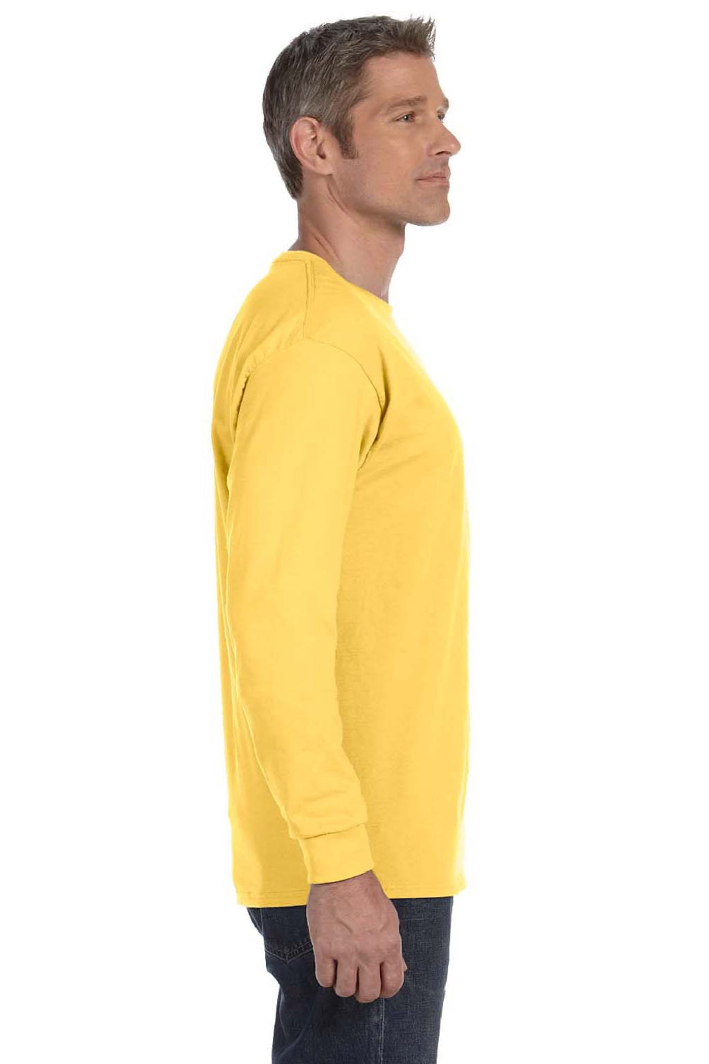 Jerzees 29LS/29LSR Mens Dri-Power Moisture Wicking Long Sleeve Crewneck T-Shirt Island Yellow Model Side