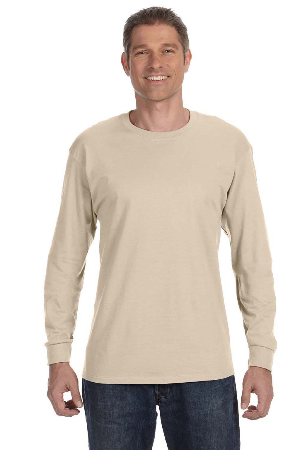 Jerzees 29LS/29LSR Mens Dri-Power Moisture Wicking Long Sleeve Crewneck T-Shirt Sandstone Brown Model Front
