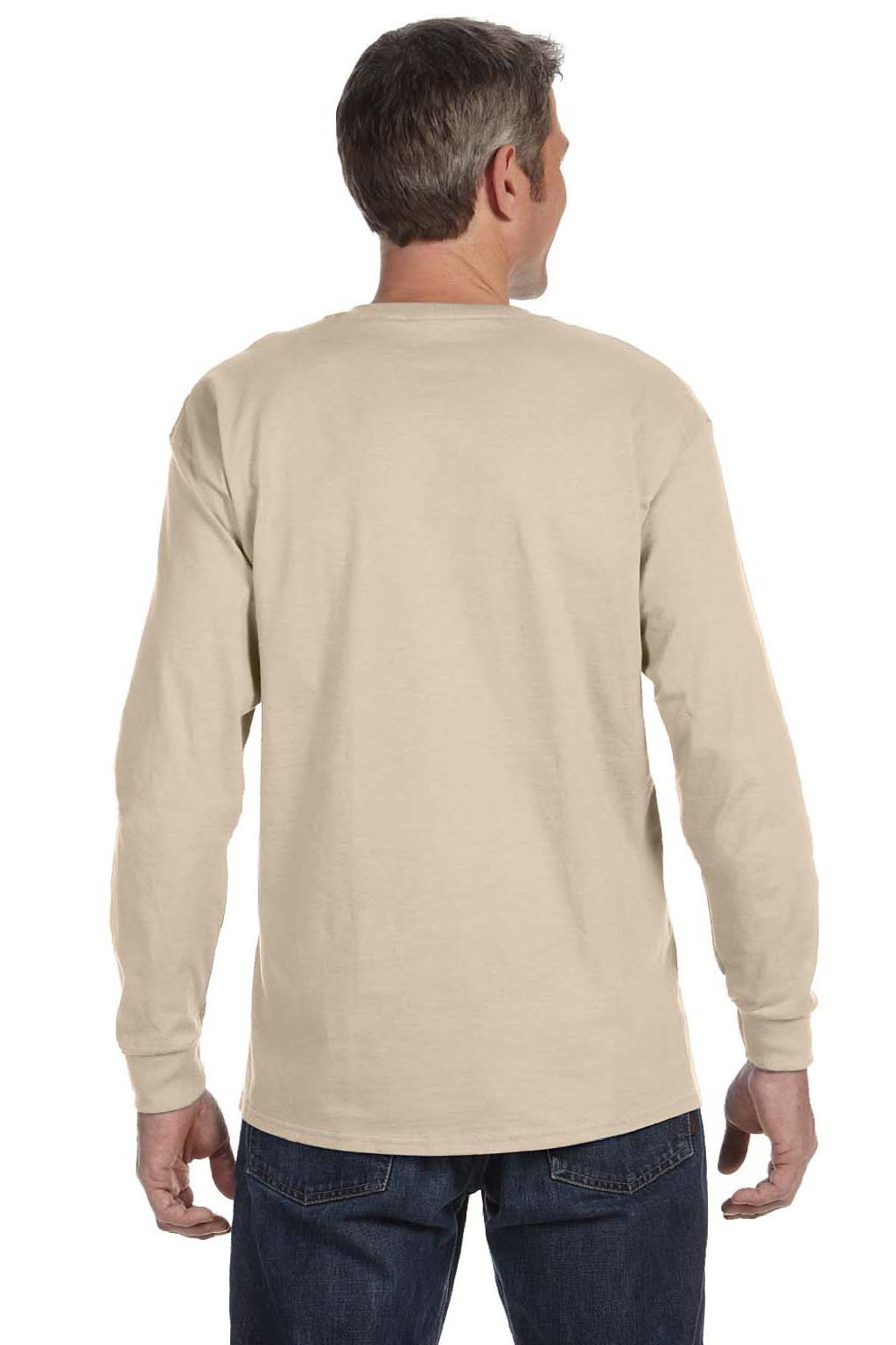 Jerzees 29LS/29LSR Mens Dri-Power Moisture Wicking Long Sleeve Crewneck T-Shirt Sandstone Brown Model Back
