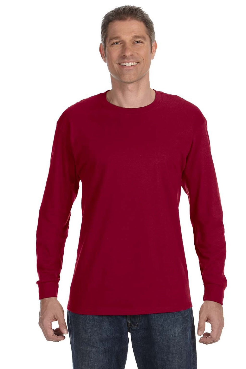 Jerzees 29LS/29LSR Mens Dri-Power Moisture Wicking Long Sleeve Crewneck T-Shirt Cardinal Red Model Front