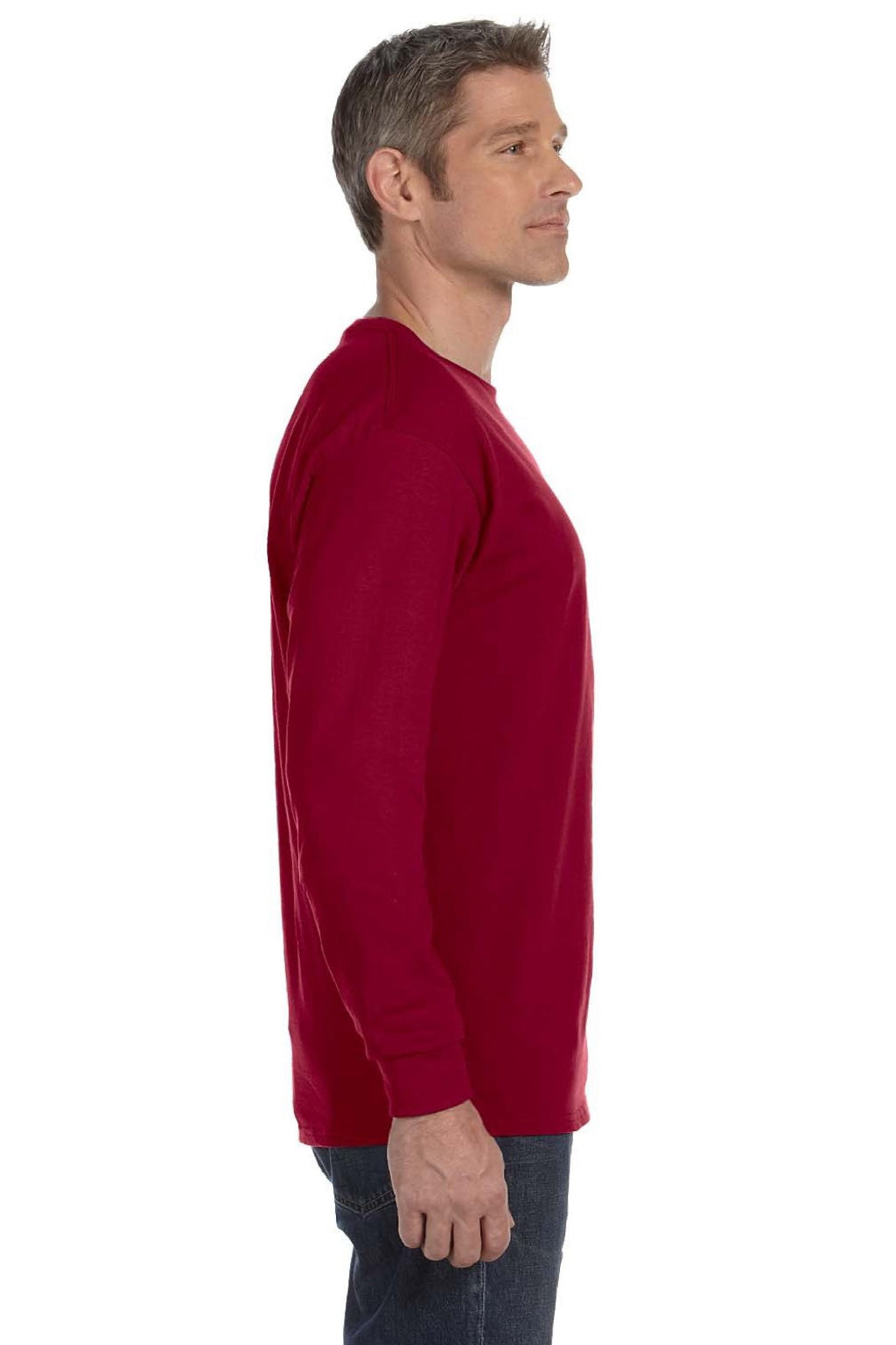 Jerzees 29LS/29LSR Mens Dri-Power Moisture Wicking Long Sleeve Crewneck T-Shirt Cardinal Red Model Side