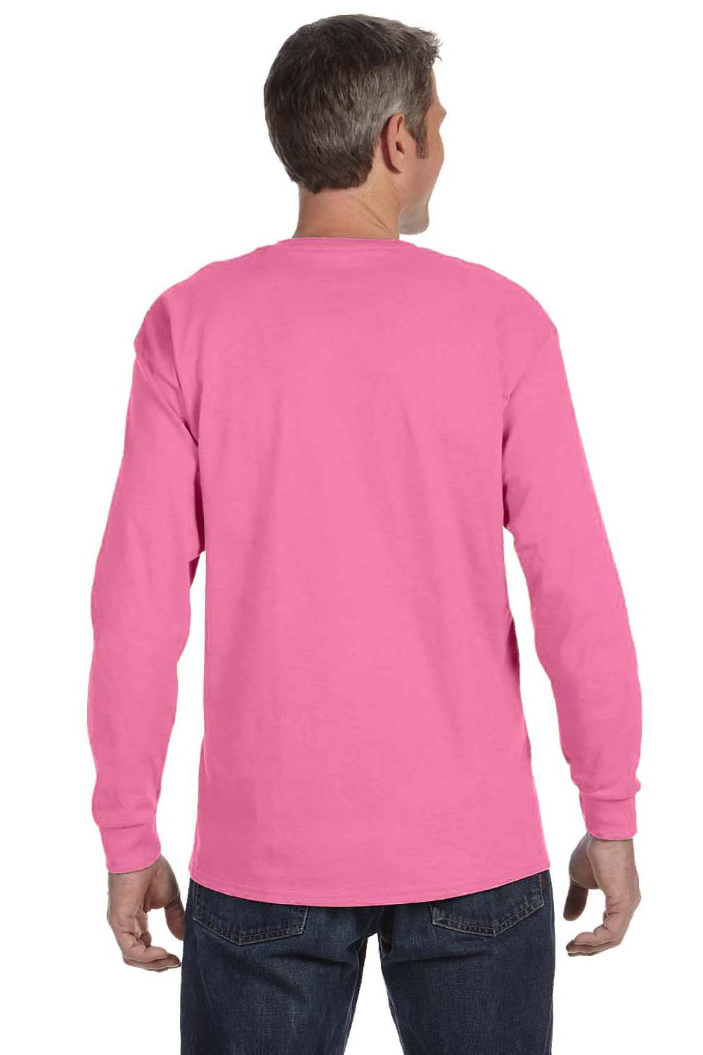 Jerzees 29LS/29LSR Mens Dri-Power Moisture Wicking Long Sleeve Crewneck T-Shirt Neon Pink Model Back
