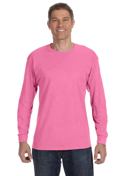 Jerzees 29LS/29LSR Mens Dri-Power Moisture Wicking Long Sleeve Crewneck T-Shirt Neon Pink Model Front