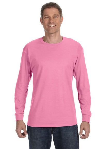 Jerzees 29LS/29LSR Mens Dri-Power Moisture Wicking Long Sleeve Crewneck T-Shirt Azalea Pink Model Front