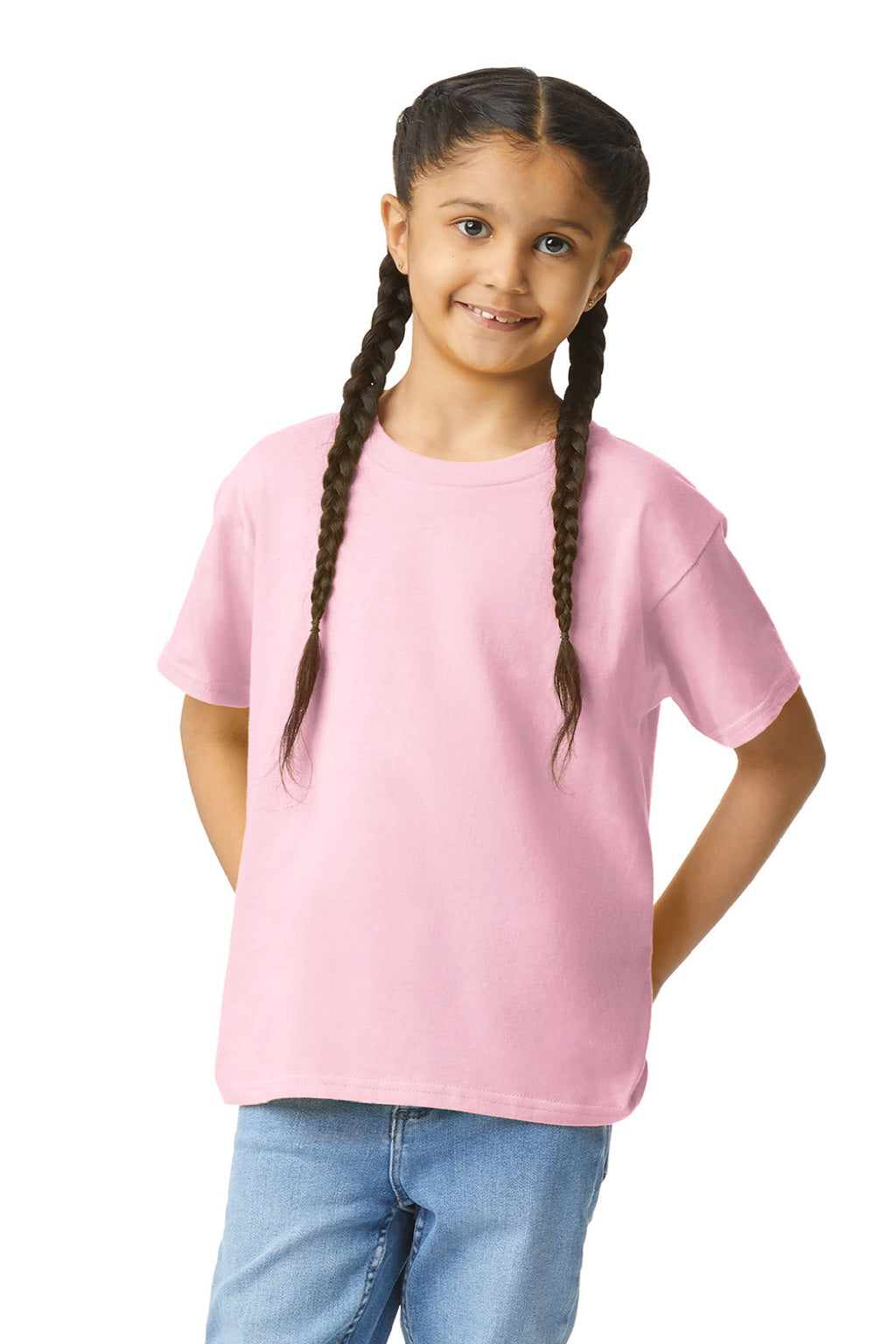 Gildan 3000B Womens Short Sleeve Crewneck T-Shirt Light Pink Model Front