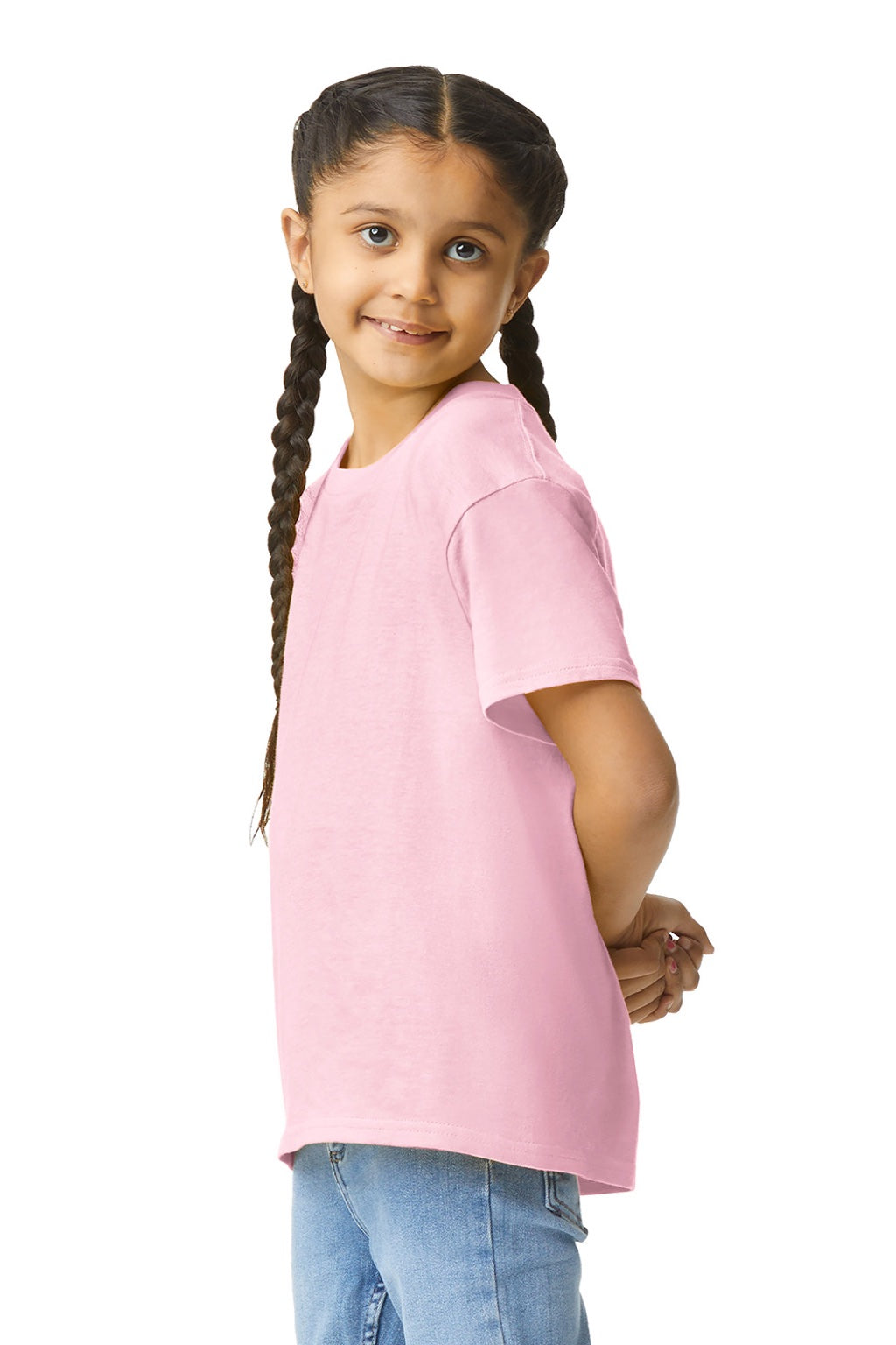 Gildan 3000B Womens Short Sleeve Crewneck T-Shirt Light Pink Model Side