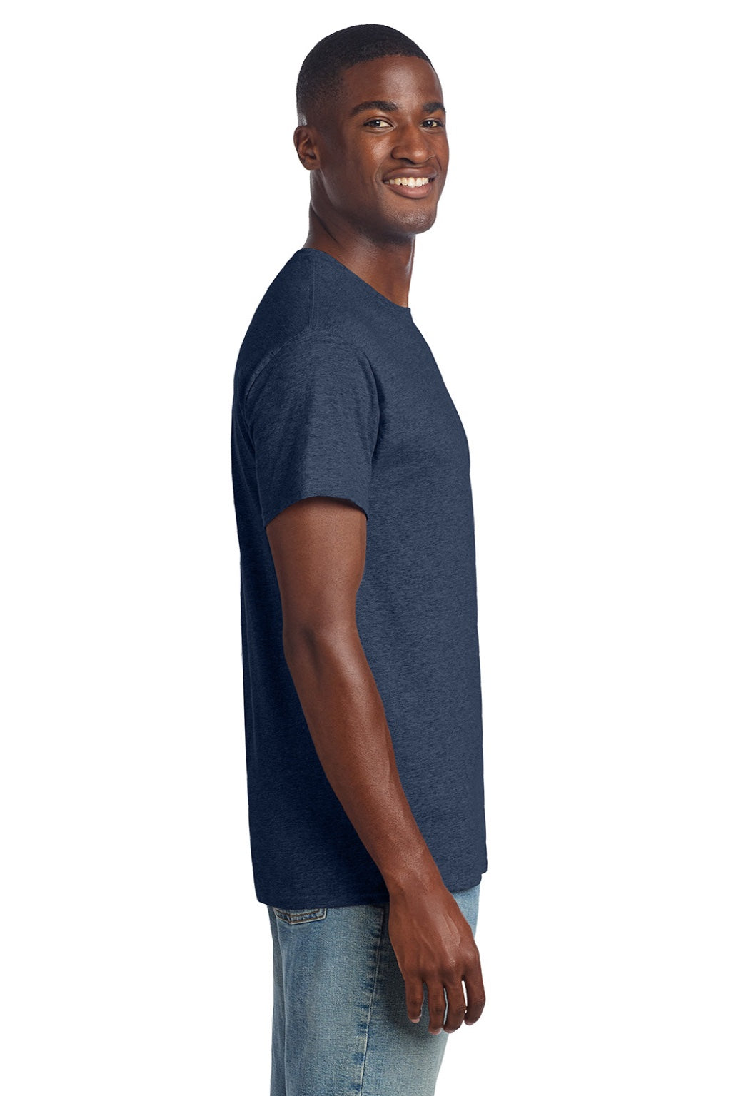 Gildan 3000 Mens Short Sleeve Crewneck T-Shirt Heather Navy Blue Model Side