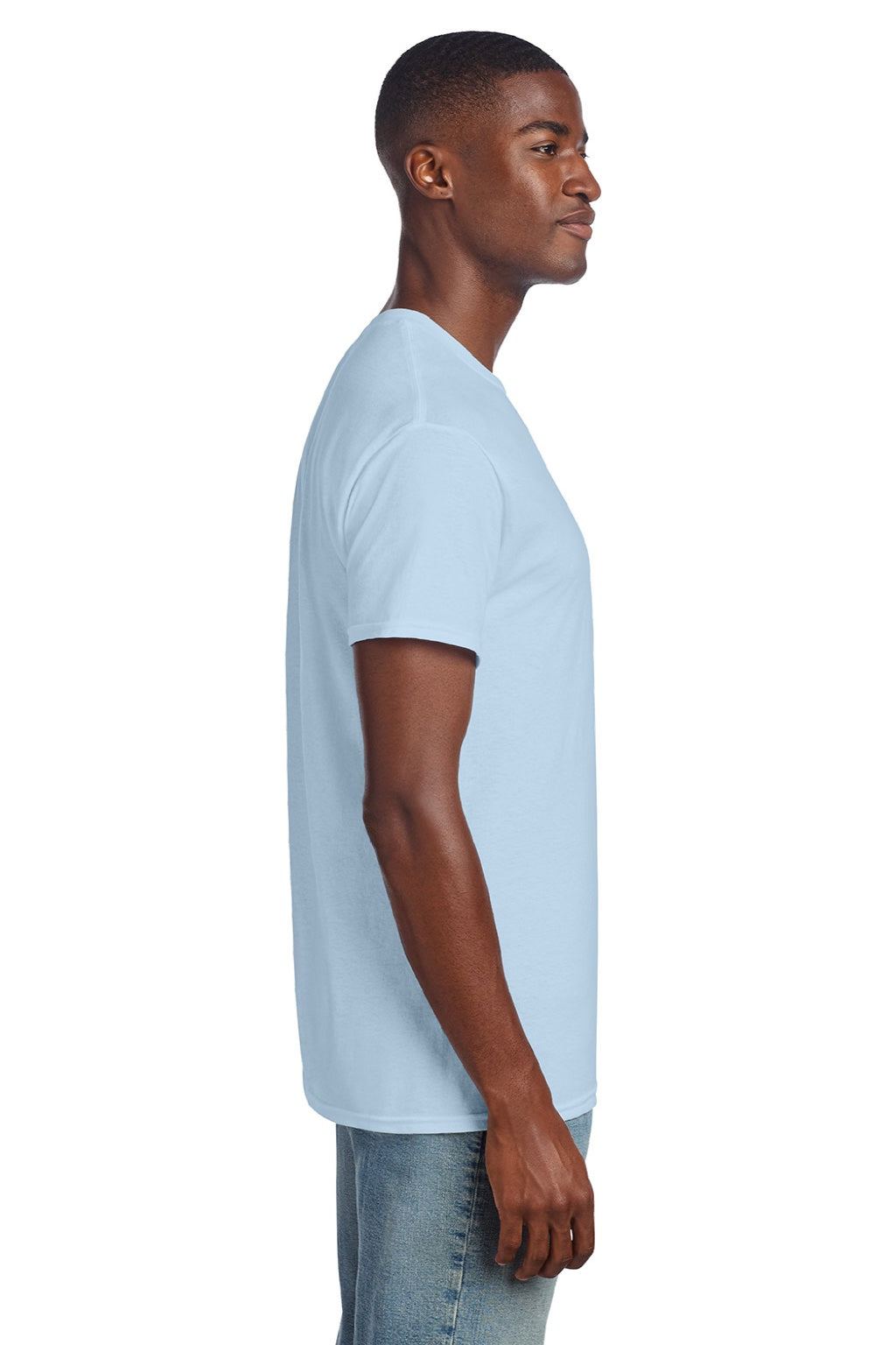 Gildan 3000 Mens Short Sleeve Crewneck T-Shirt Light Blue Model Side