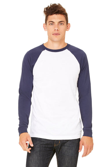 Bella + Canvas 3000C/3000 Mens Jersey Long Sleeve Crewneck T-Shirt White/Navy Blue Model Front