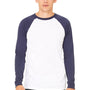 Bella + Canvas Mens Jersey Long Sleeve Crewneck T-Shirt - White/Navy Blue
