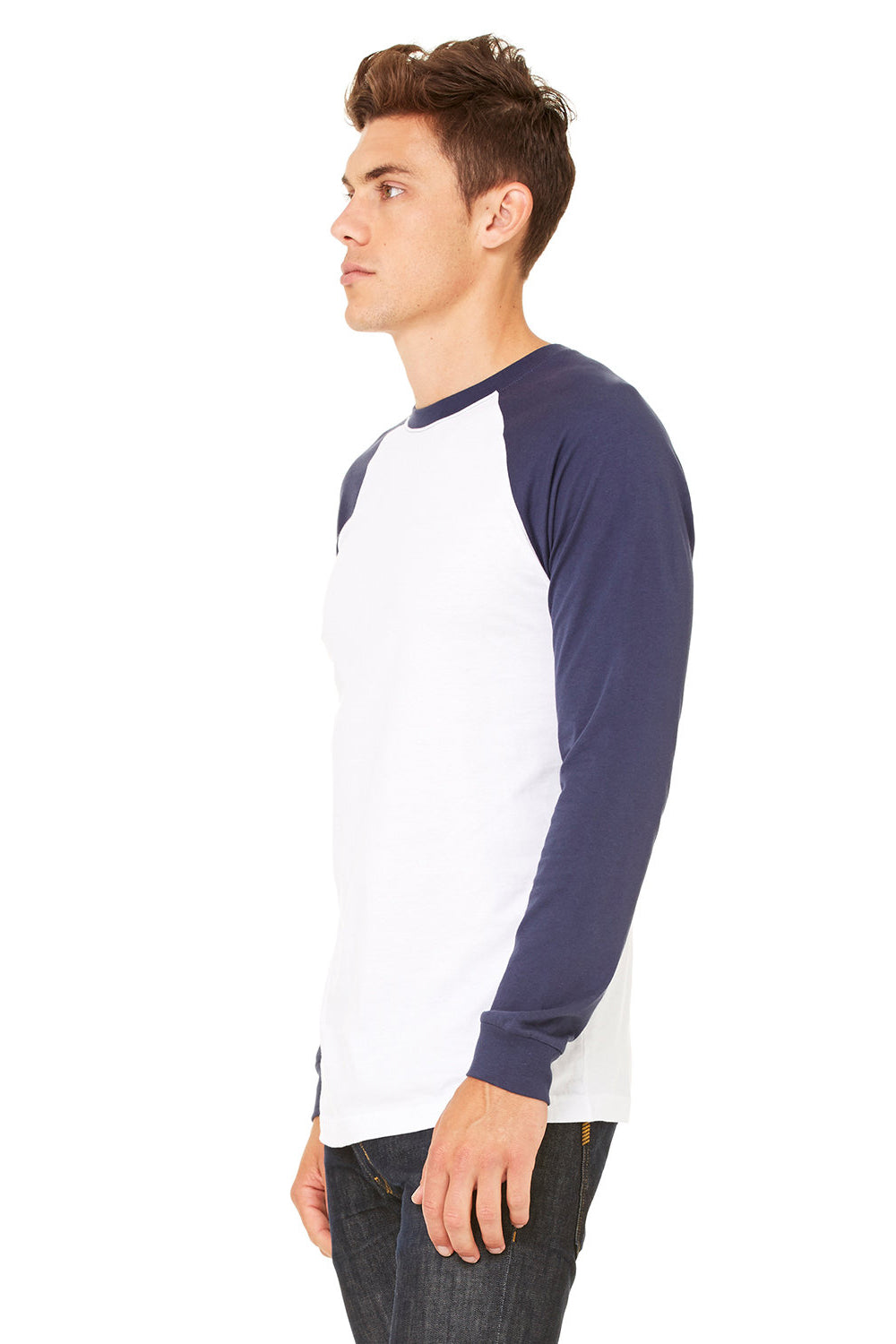 Bella + Canvas 3000C/3000 Mens Jersey Long Sleeve Crewneck T-Shirt White/Navy Blue Model Side