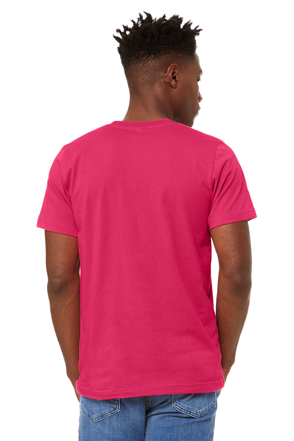 Bella + Canvas BC3001/3001C Mens Jersey Short Sleeve Crewneck T-Shirt Fuchsia Pink Model Back