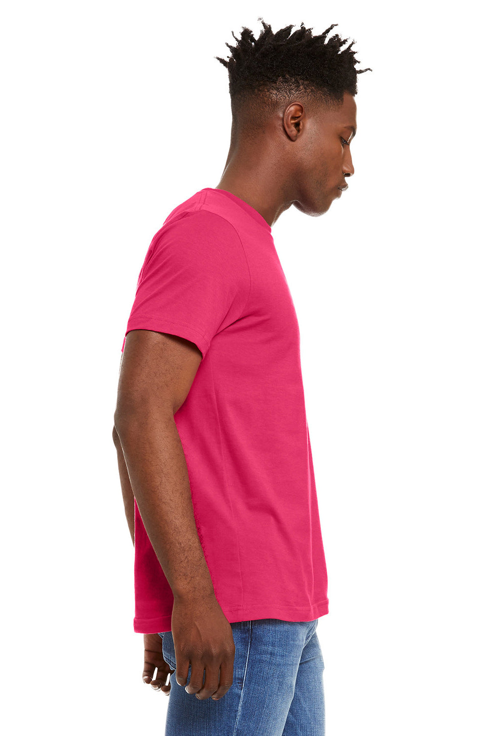 Bella + Canvas BC3001/3001C Mens Jersey Short Sleeve Crewneck T-Shirt Fuchsia Pink Model Side