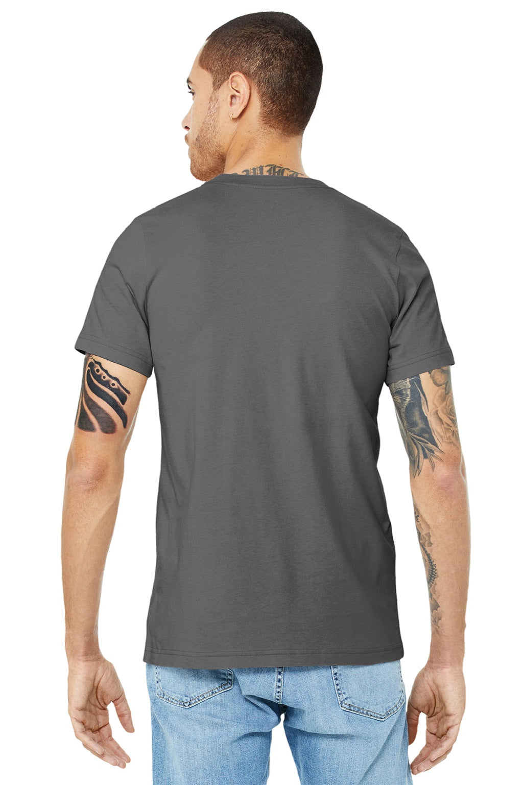 Bella + Canvas BC3001/3001 Mens Jersey Short Sleeve Crewneck T-Shirt Asphalt Grey Model Back