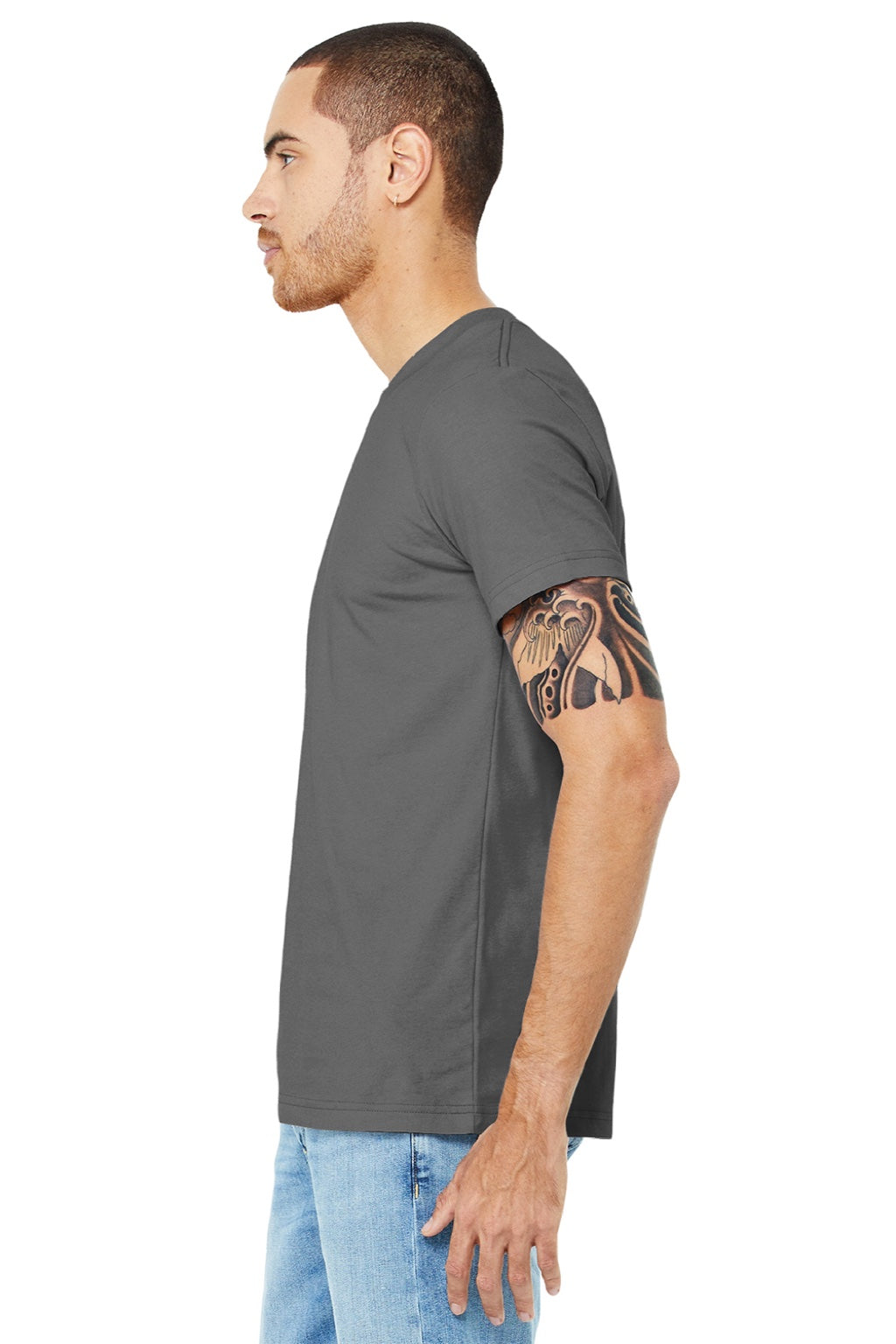 Bella + Canvas BC3001/3001 Mens Jersey Short Sleeve Crewneck T-Shirt Asphalt Grey Model Side