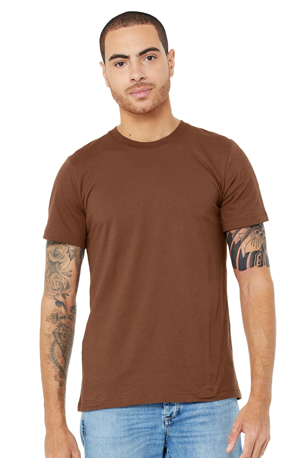 Bella + Canvas BC3001/3001 Mens Jersey Short Sleeve Crewneck T-Shirt Chestnut Brown Model Front