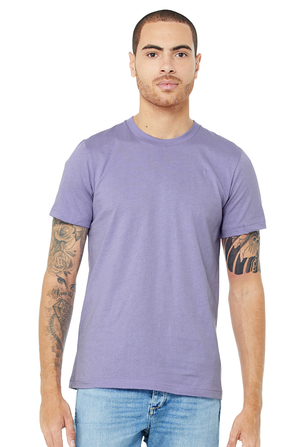 Bella + Canvas BC3001/3001C Mens Jersey Short Sleeve Crewneck T-Shirt Dark Lavender Purple Model Front