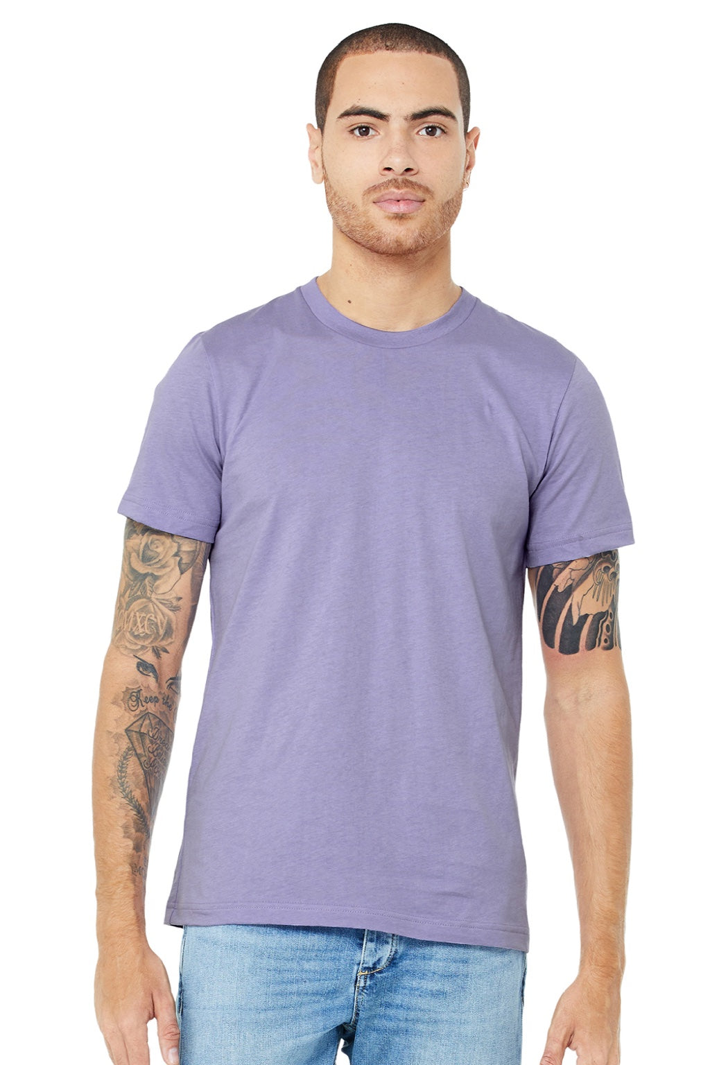 Bella + Canvas BC3001/3001 Mens Jersey Short Sleeve Crewneck T-Shirt Dark Lavender Purple Model Front
