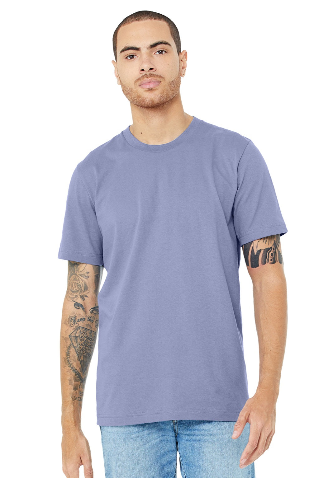 Bella + Canvas BC3001/3001 Mens Jersey Short Sleeve Crewneck T-Shirt Lavender Blue Model Front