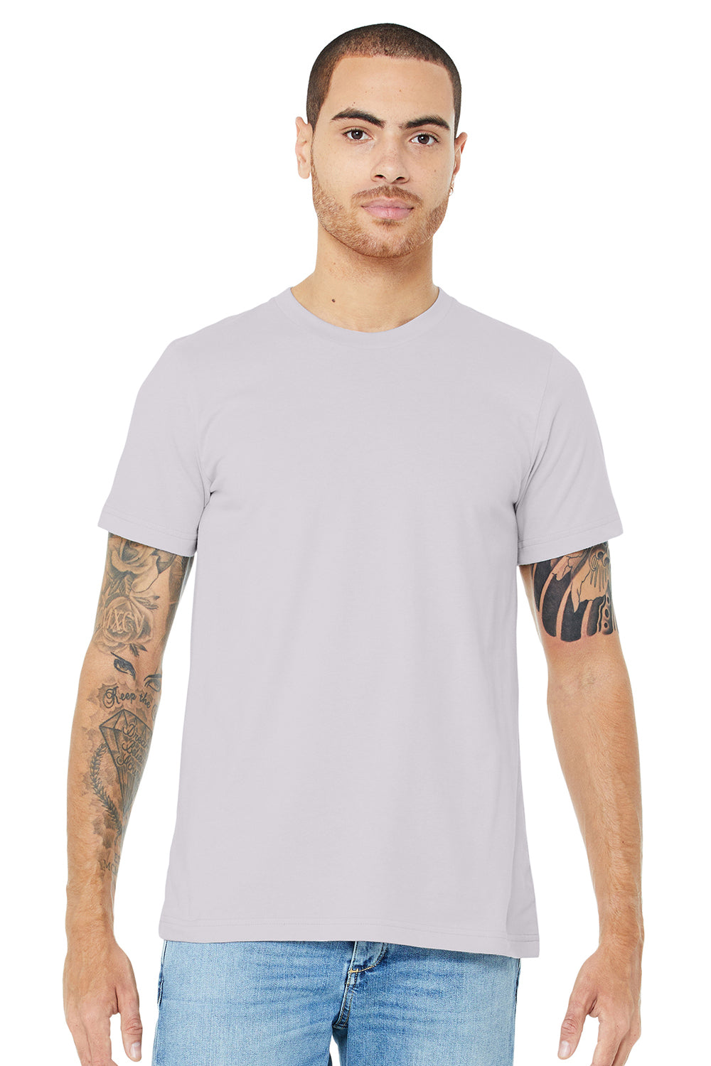 Bella + Canvas BC3001/3001C Mens Jersey Short Sleeve Crewneck T-Shirt Lavender Dust Model Front
