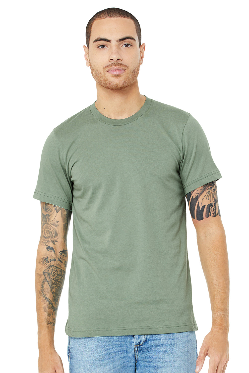 Bella + Canvas BC3001/3001C Mens Jersey Short Sleeve Crewneck T-Shirt Sage Green Model Front