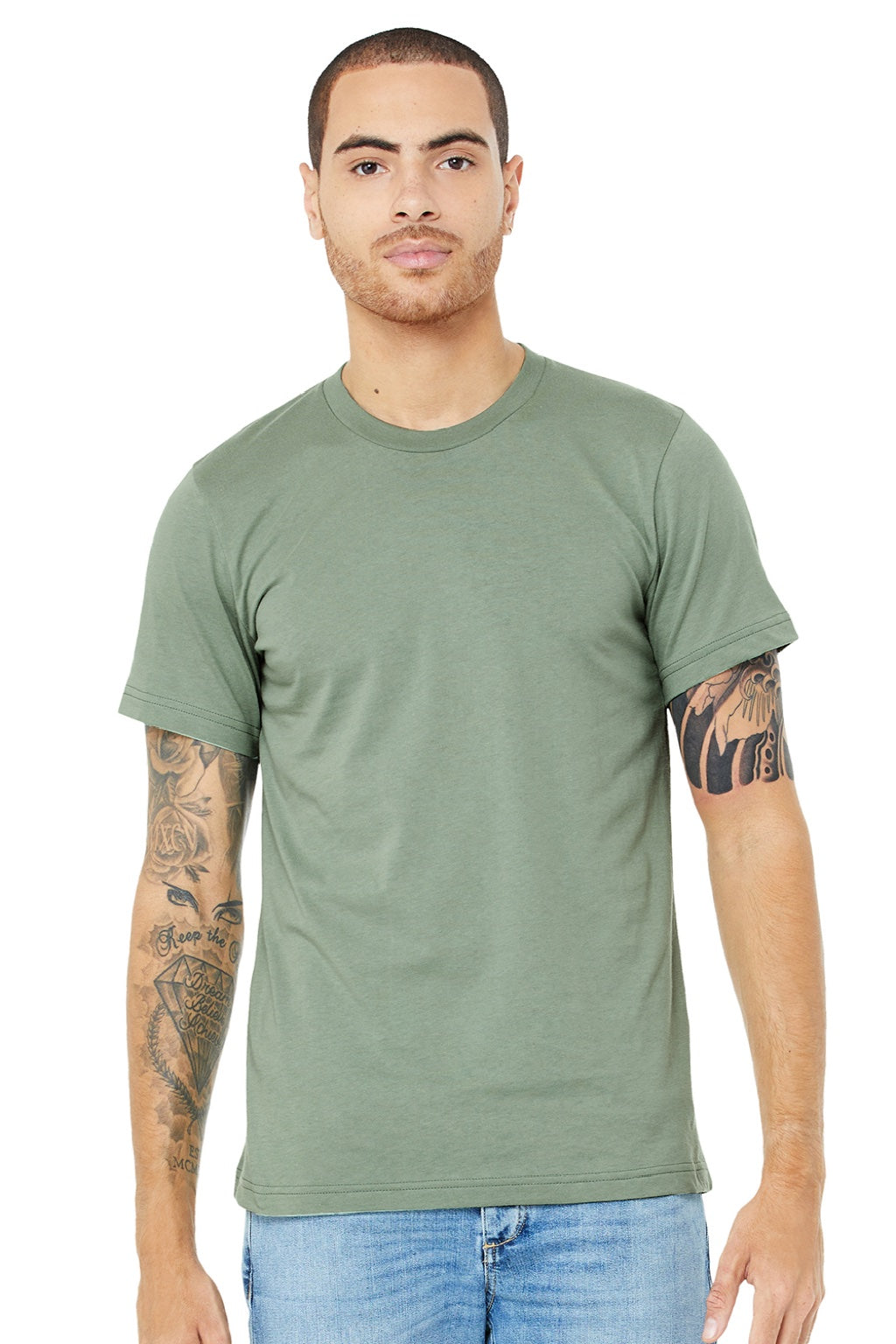 Bella + Canvas BC3001/3001 Mens Jersey Short Sleeve Crewneck T-Shirt Sage Green Model Front