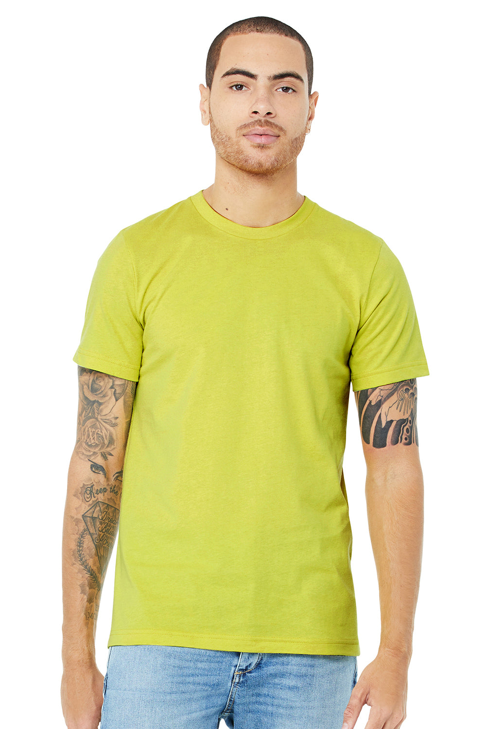 Bella + Canvas BC3001/3001C Mens Jersey Short Sleeve Crewneck T-Shirt Strobe Green Model Front