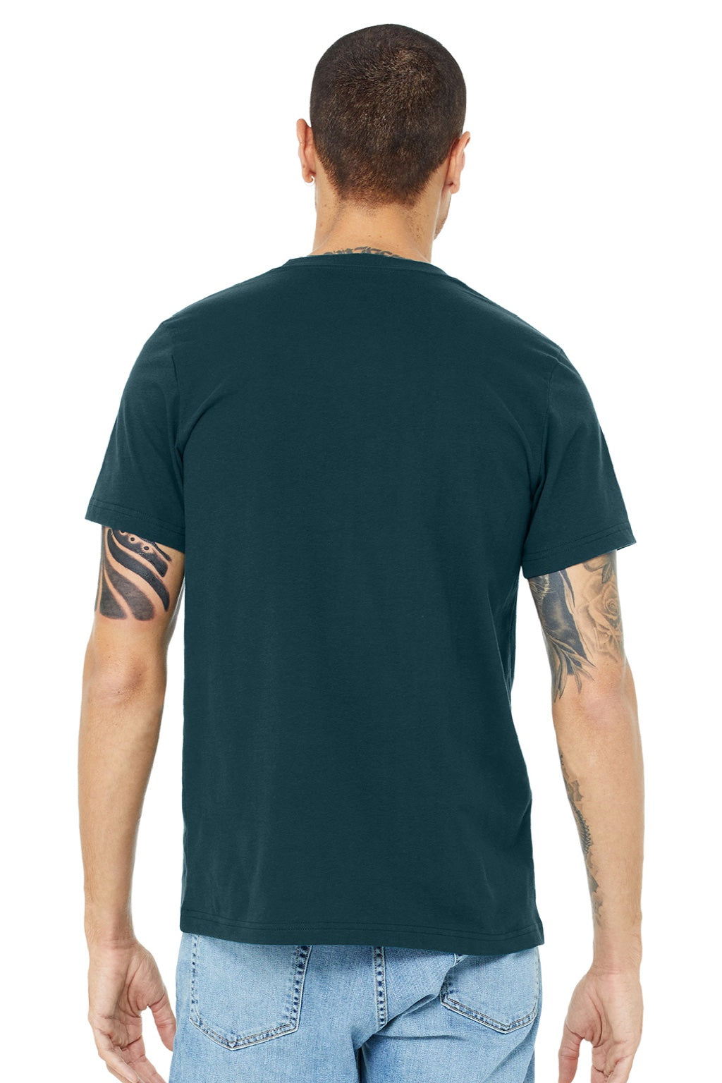 Bella + Canvas BC3001/3001 Mens Jersey Short Sleeve Crewneck T-Shirt Atlantic Blue Model Back