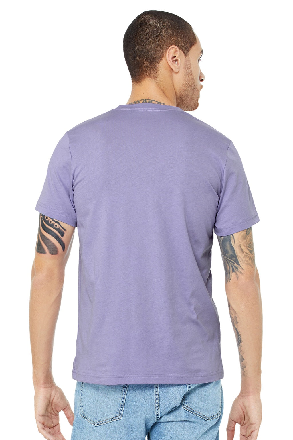 Bella + Canvas BC3001/3001 Mens Jersey Short Sleeve Crewneck T-Shirt Dark Lavender Purple Model Back