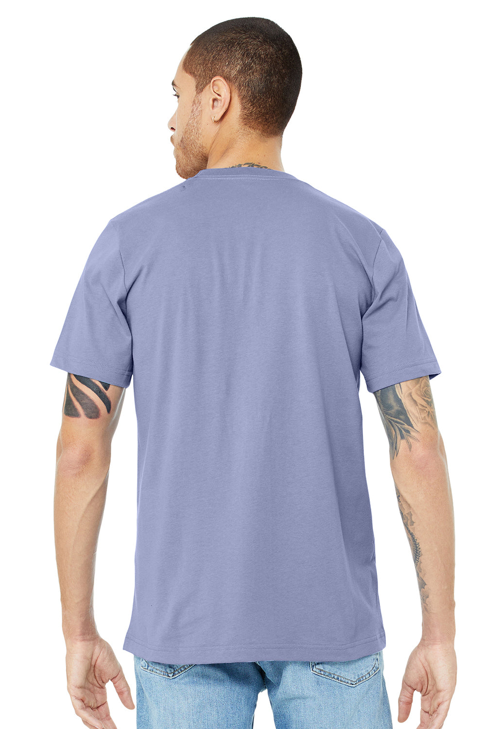 Bella + Canvas BC3001/3001C Mens Jersey Short Sleeve Crewneck T-Shirt Lavender Blue Model Back