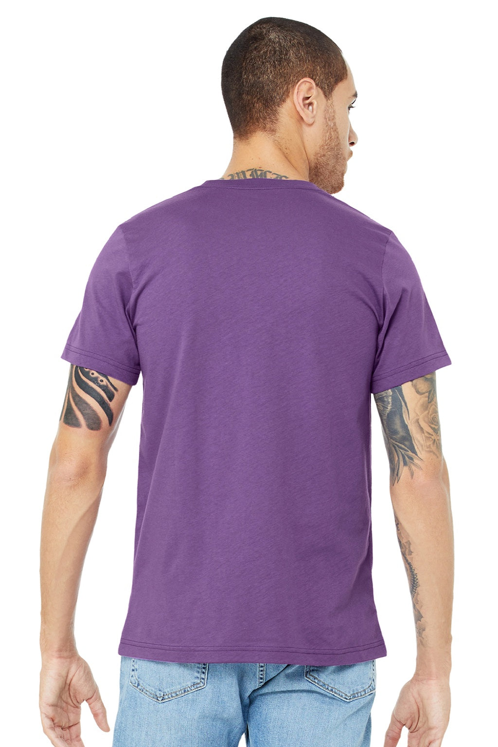 Bella + Canvas BC3001/3001 Mens Jersey Short Sleeve Crewneck T-Shirt Royal Purple Model Back