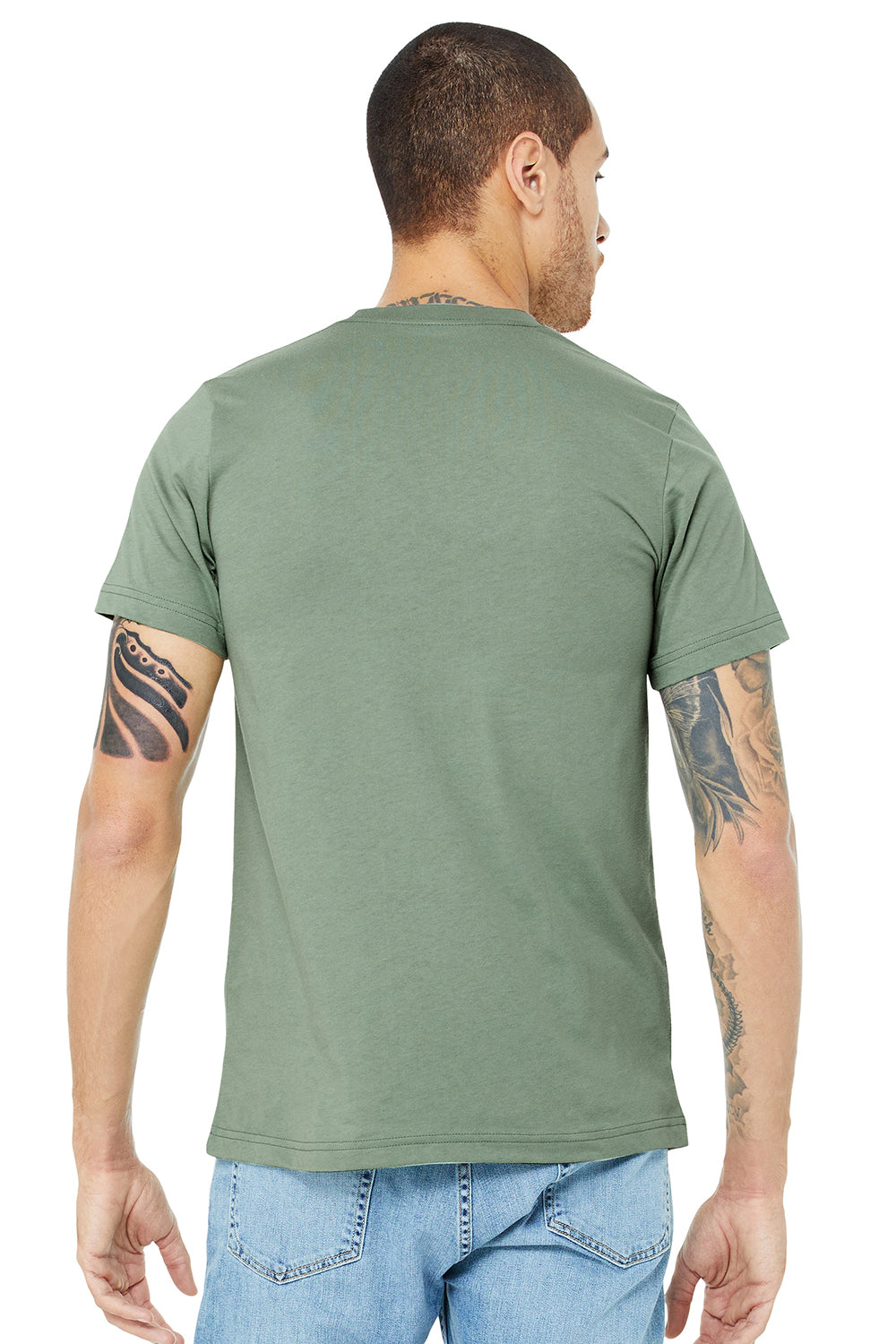 Bella + Canvas BC3001/3001C Mens Jersey Short Sleeve Crewneck T-Shirt Sage Green Model Back