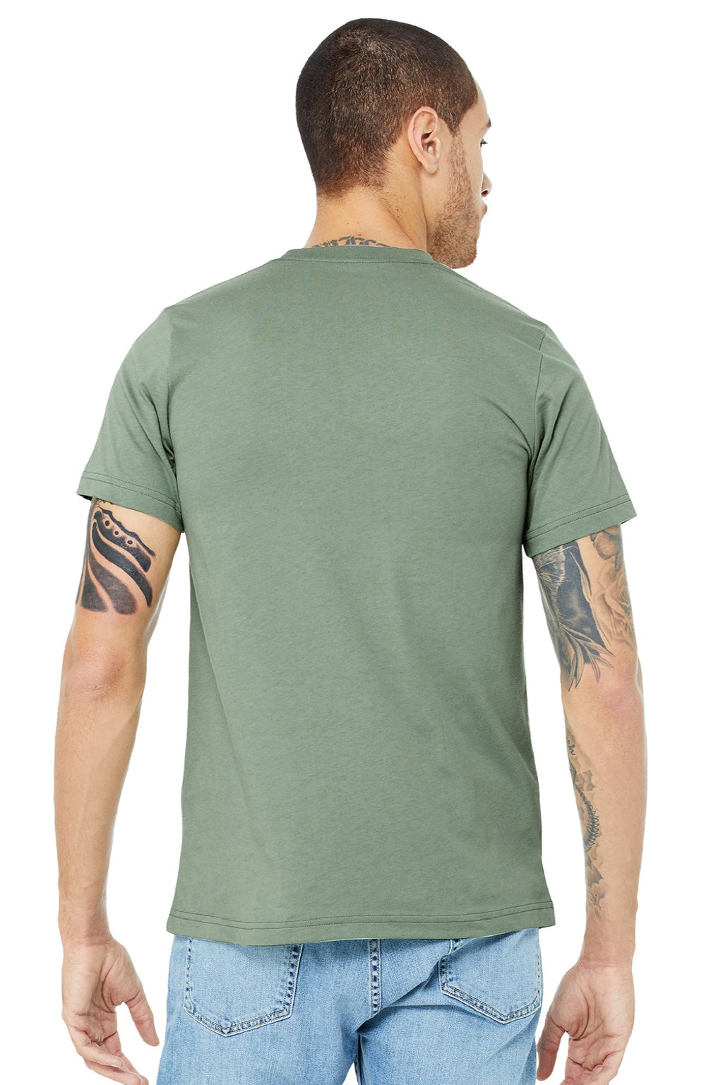 Bella + Canvas BC3001/3001 Mens Jersey Short Sleeve Crewneck T-Shirt Sage Green Model Back