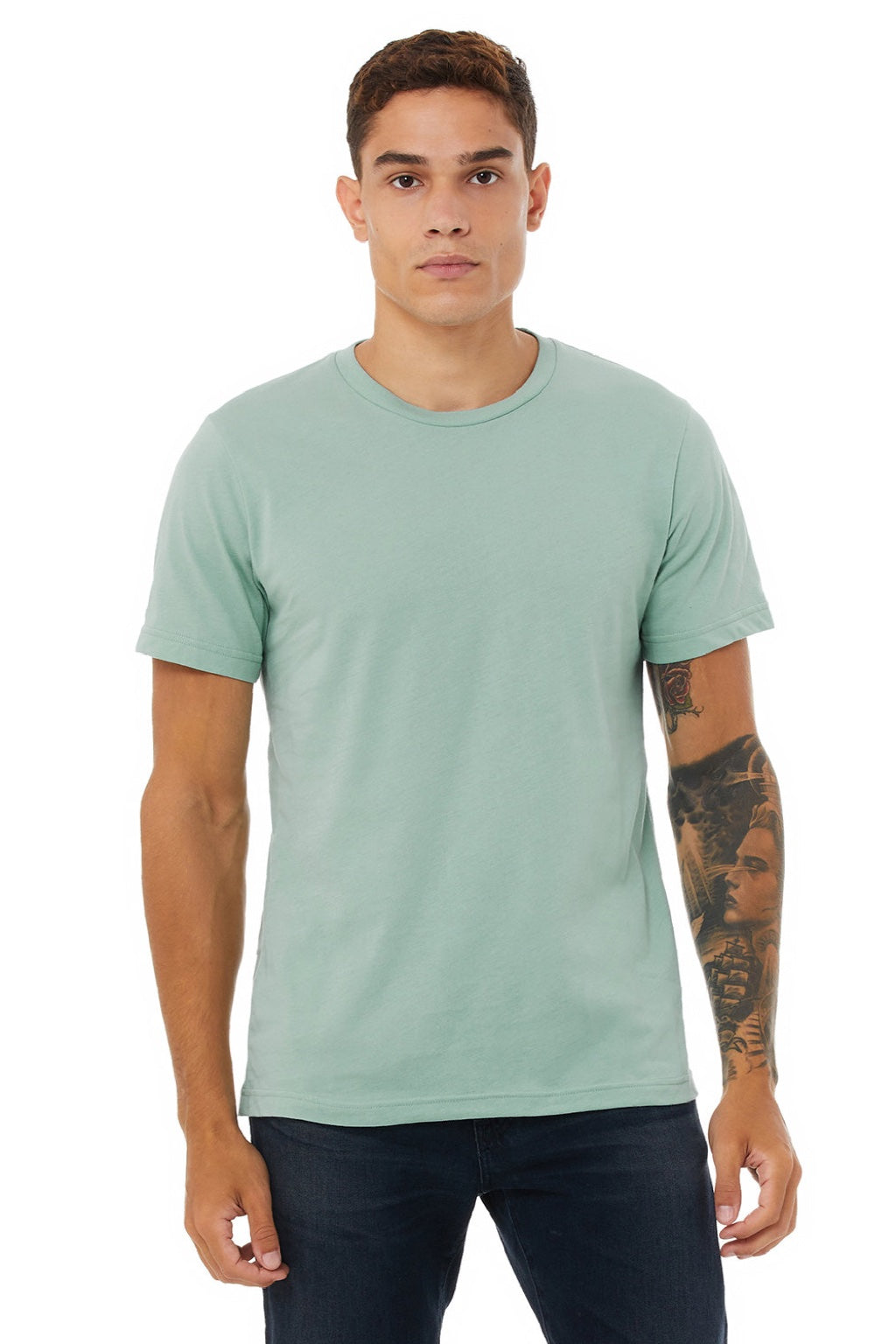 Bella + Canvas BC3001/3001 Mens Jersey Short Sleeve Crewneck T-Shirt Dusty Blue Model Front