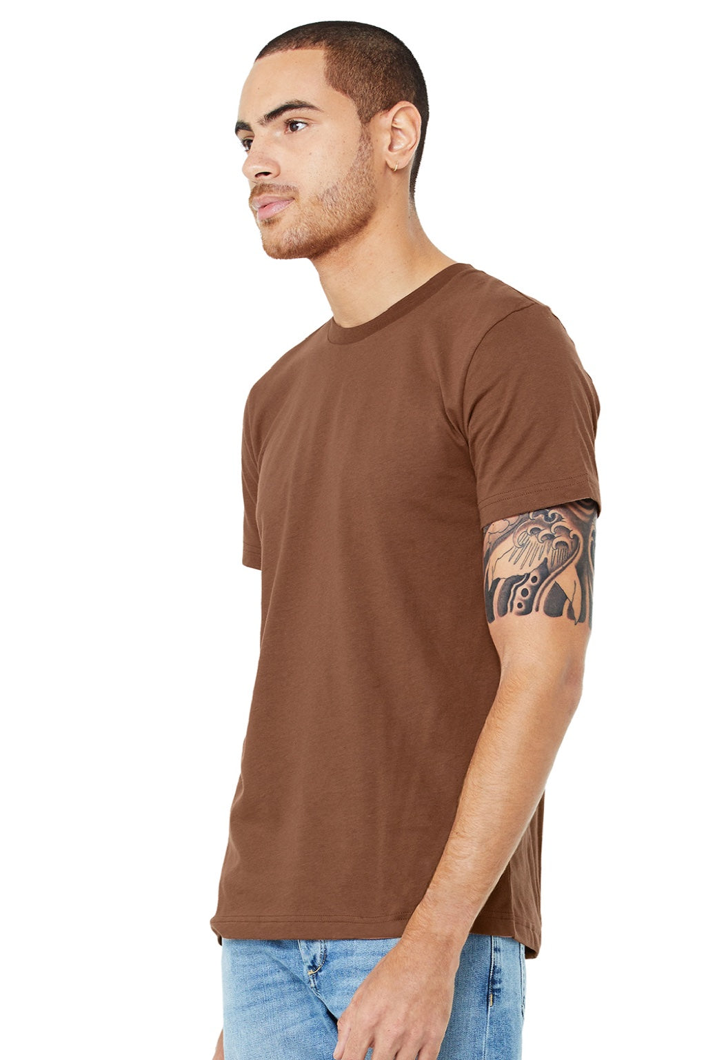Bella + Canvas BC3001/3001 Mens Jersey Short Sleeve Crewneck T-Shirt Chestnut Brown Model 3Q