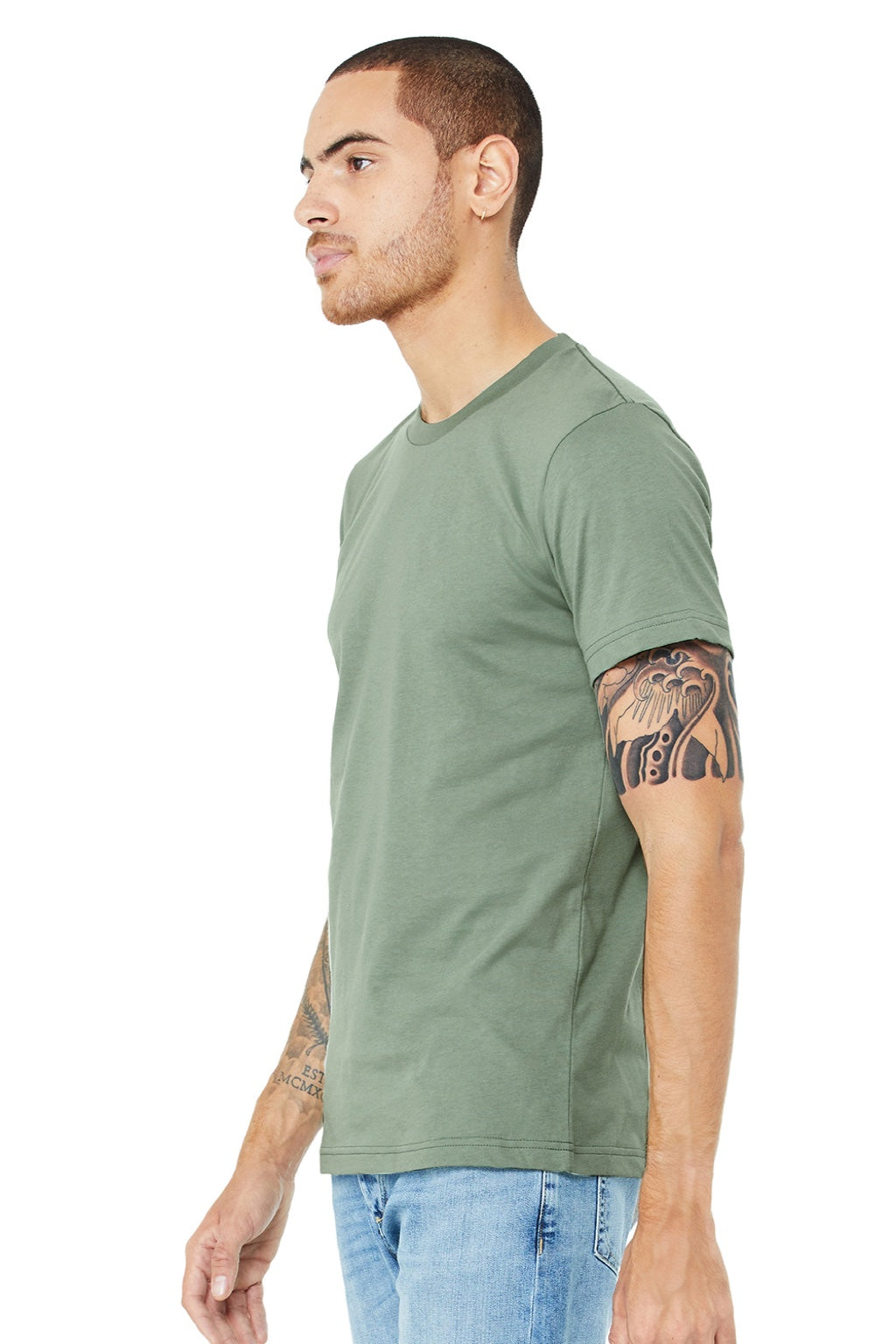 Bella + Canvas BC3001/3001 Mens Jersey Short Sleeve Crewneck T-Shirt Sage Green Model 3Q