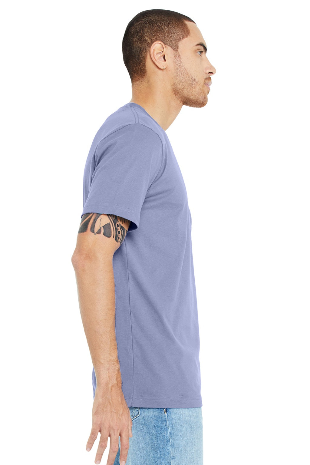 Bella + Canvas BC3001/3001 Mens Jersey Short Sleeve Crewneck T-Shirt Lavender Blue Model Side
