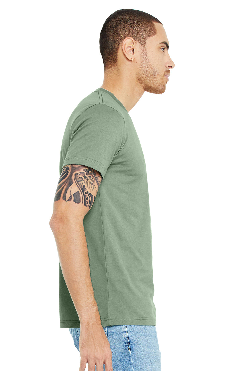 Bella + Canvas BC3001/3001C Mens Jersey Short Sleeve Crewneck T-Shirt Sage Green Model Side