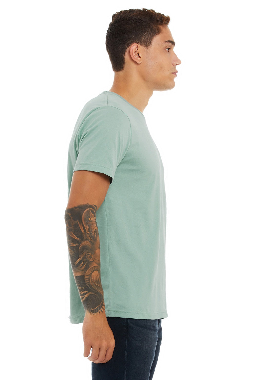 Bella + Canvas BC3001/3001 Mens Jersey Short Sleeve Crewneck T-Shirt Dusty Blue Model Side
