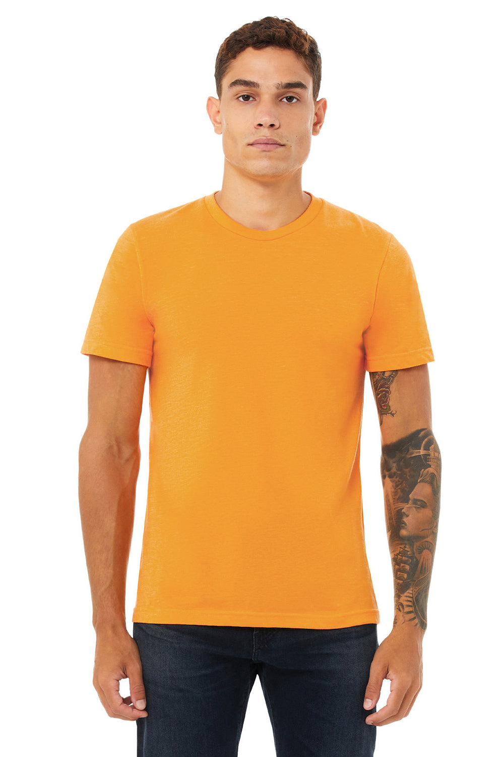 Bella + Canvas BC3001CVC/3001CVC Mens Heather CVC Short Sleeve Crewneck T-Shirt Heather Marmalade Orange Model Front