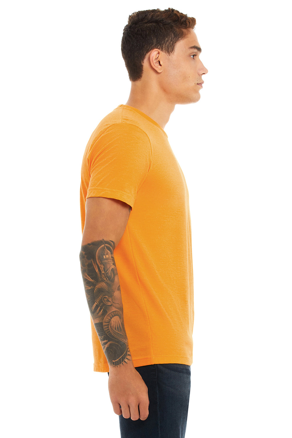 Bella + Canvas BC3001CVC/3001CVC Mens Heather CVC Short Sleeve Crewneck T-Shirt Heather Marmalade Orange Model Side