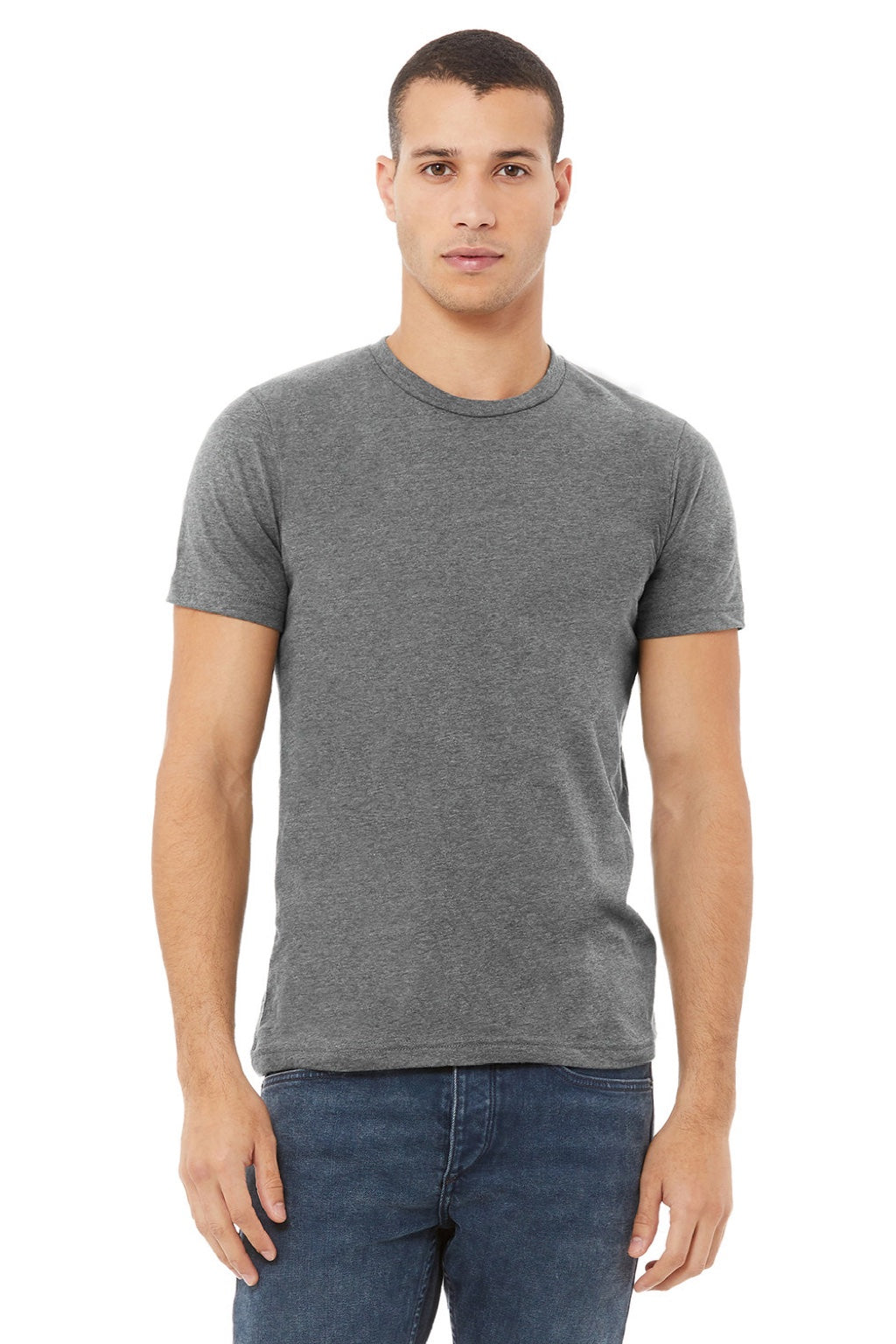 Bella + Canvas BC3001U Mens USA Made Jersey Short Sleeve Crewneck T-Shirt Heather Deep Grey Model Front
